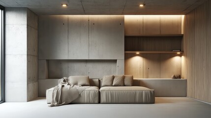 Poster - Contemporary basement with a modern sofa, concrete walls, and wooden shelving. Functional and stylish design. Copy space.