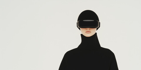 Poster - Modern Tech Exploration: A figure is enveloped in a world of virtual reality, a sleek headset enveloping their eyes in a futuristic embrace.