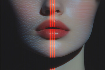 Poster - Mysterious Beam: An elegant close-up of a woman's face, her lips accentuated by a crimson light beam
