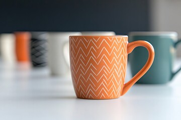 Poster - collection of colorful unique coffee mugs each featuring different pattern and shape displayed on clean white table