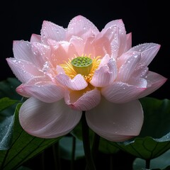 Poster - A beautiful pink flower with a yellow center is surrounded by green leaves