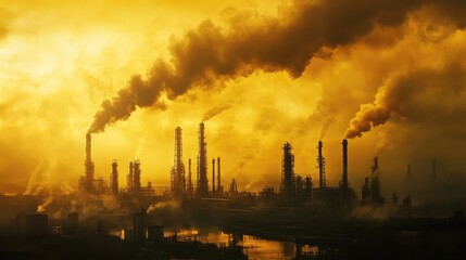 Poster - Oil refinery plant emitting chemical fumes into the atmosphere, air pollution and contamination concept. Copy space.