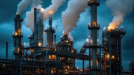 Poster - Oil refinery plant emitting chemical fumes into the atmosphere, air pollution and contamination concept. Copy space.