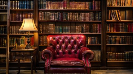 Poster - Rustic library with antique books, vintage wooden bookshelves, and a cozy reading atmosphere. Copy space.