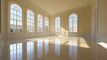 Poster - Spacious studio room with large windows, high ceilings, and neutral-colored walls. Ideal for painting, crafting, or a quiet retreat. Copy space.