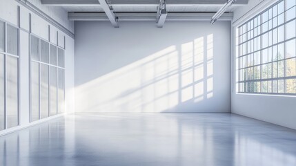Poster - Spacious studio room with large windows, white walls, and sleek flooring. A bright and airy environment for artistic or work activities. Copy space.