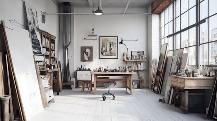 Poster - Studio room with modern lighting, light-colored wooden floors, and open shelving. A functional, well-organized creative space. Copy space.