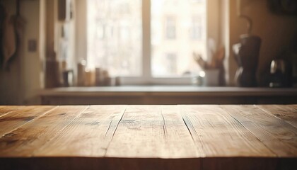 Poster - Blank Wooden Tabletop Against Blurry Kitchen Window Background - Ideal For Product Displays And Food Arrangements. Great For Montages.