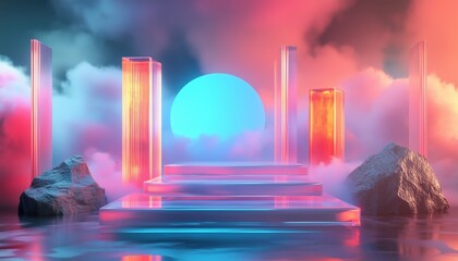 Poster - Abstract Geometric Shape Scene Rendering With Pastel Podium In The Background Depicted In An Artistic Manner. An Artistic Interpretation Of Geometric Shapes.