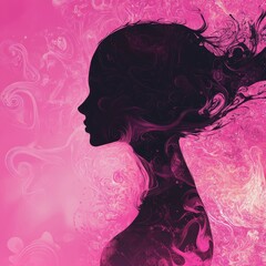 Wall Mural - a silhouetted woman with flowing hair in abstract pink hues