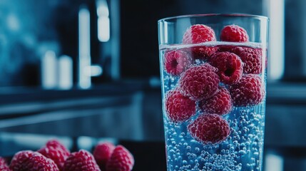 Poster - Refreshing raspberry delight in sparkling water a captivating close up shot of a glass filled with vibrant berries
