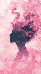 Wall Mural - silhouette of a woman with pink swirls emanating from her head