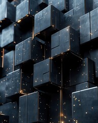 Poster - Dark Cubic Structures with Golden Highlights Abstract Geometric Arrangement Modern Design and Sophisticated Aesthetic for Creative Projects