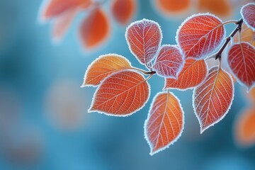Poster - Enchanting frost kissed leaves in vibrant autumn hues against a serene blue backdrop creating a tranquil nature scene