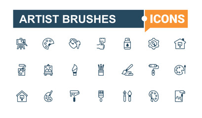 Artist Brushes modern icon set. Contain linear sign line, creative, draw, paint, tool, isolated and more. Paint Brushes line icon. Flat UI icons. Editable stroke vector art.