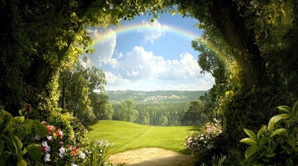 Wall Mural - a dazzling rainbow illuminating a lush countryside, framed by fresh green grass and blooming flowers
