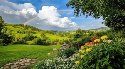 Wall Mural - a dazzling rainbow illuminating a lush countryside, framed by fresh green grass and blooming flowers