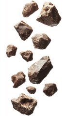 Poster - Floating Brown Rock Fragments on White Background Geological Still Life Mineral Composition Sharp Detail Mineralogy Study Rockhound Specimen Collection