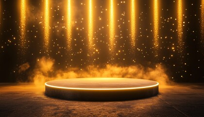 Poster - Luxurious Scene: Empty Podium Glowing Gold On Black Background With Neon Lights, Fire Effects, And Bokeh Decorations.
