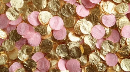 Poster - Festive gold and pink confetti background creating a celebratory mood perfect for party invitations and event decorations with a stylish and modern aesthetic