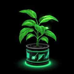 Poster - Illuminated plant growing in a futuristic circular container of data