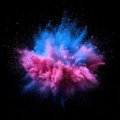Poster - Vivid explosion of vibrant pink and blue powder against a stark black background creating a dynamic burst of color and texture in a studio shot