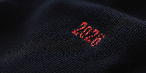 Poster - Year 2026 Embossed: An extreme close-up presents the year 2026 elegantly embroidered in striking red thread upon a deep navy fabric, creating a textured and intriguing image