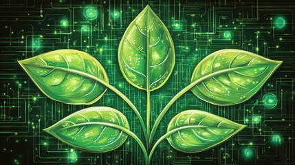Poster - A digital circuit background features green leaves with veins and stem