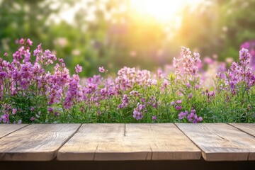 Poster - Serene garden vista with wooden table foreground and soft focus purple flowers under a warm sunlight creating a peaceful spring mood
