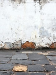 Poster - Weathered wall and cobblestone street creating a rustic and textured background for urban design and architectural photography