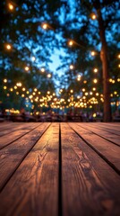 Poster - Rustic Wooden Plank Surface with Warm Bokeh Lights Creating a Cozy Evening Ambiance in Outdoor Setting