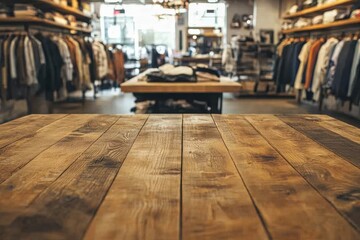 Poster - Stylish interior of a modern clothing store showcasing wooden display tables and racks filled with garments