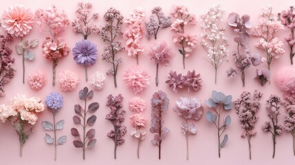 Poster - A collection of pastel wedding flowers artistically arranged on a dusty rose-colored background for a soft, romantic look.