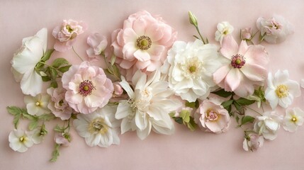 Poster - A collection of pastel wedding flowers artistically arranged on a dusty rose-colored background for a soft, romantic look.