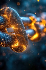 Poster - Metallic Chain Link with Glowing Particles on Dark Blue Background in Macro Shot with Bokeh Effect