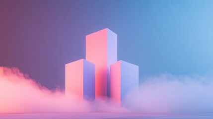 Poster - minimalist alien stage with geometric shapes glowing softly in vibrant colors surrounded by surreal extraterrestrial
