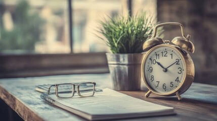Poster - A corporate desk with an alarm clock, task checklist, and productivity planner.