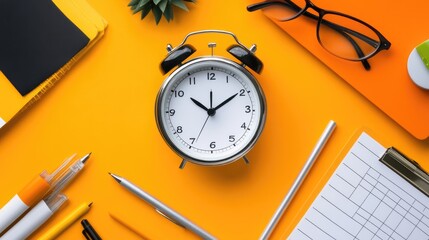 Poster - A corporate desk with an alarm clock, task checklist, and productivity planner.