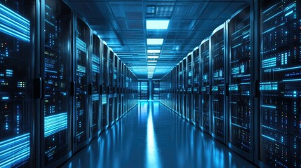 Poster - A data center filled with high-speed networking equipment and cloud servers.