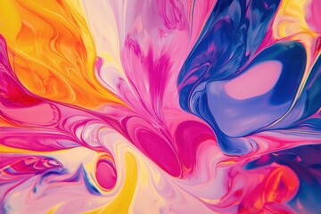 Poster - A colorful abstract background featuring flowing shapes and vibrant gradients, creating a dynamic, modern design with pink, yellow and blue hues of paint splash.