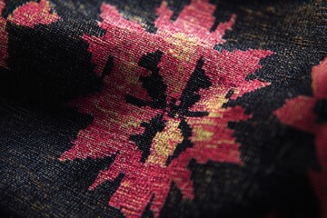 Poster - Close-up of a textured fabric with a floral pattern featuring shades of red, pink, black, and gold, creating an intricate and visually interesting textile design element.