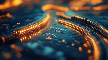 Poster - Close-up of electronic microchip on a luminous circuit board with detailed connections
