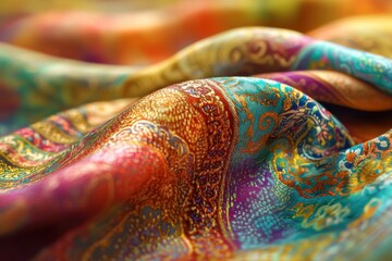 Poster - Close-up shot capturing the rich textures and vibrant colors of a luxurious silk fabric with intricate paisley patterns, folds, and shimmering highlights.