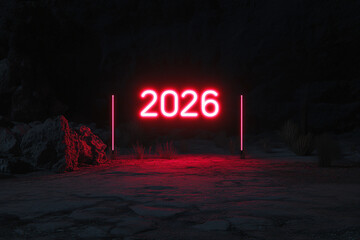 Poster - Neon Countdown to 2026: Bold, red neon lights dramatically display the year 2026 in a futuristic and intriguing composition, creating anticipation for the future.