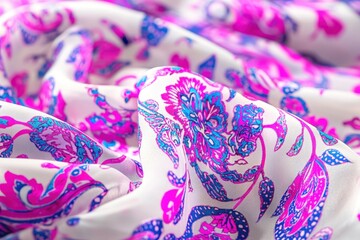 Poster - Elegant close-up of white silk fabric with vibrant pink and blue floral patterns, showcasing soft folds and delicate details in a light airy setting.