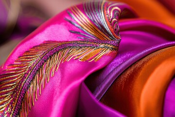 Poster - A vibrant close-up featuring luxurious pink, purple and orange silk with intricate feather-like designs, highlighted by delicate golden threads and soft folds.