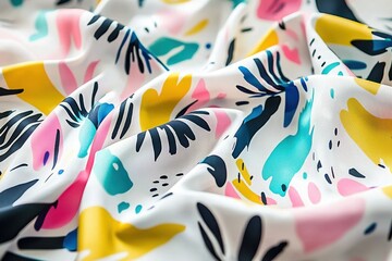 Poster - A vibrant, abstract fabric design featuring a playful mix of shapes and colors, including yellow, pink, turquoise, and navy on a white background, perfect for spring.