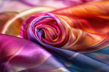 Poster - Close-up of vividly colored silk fabric, artfully draped and swirled, showcasing the luxurious texture and captivating hues in a flowing, abstract arrangement.