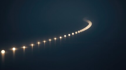 Poster - minimalistic timeline design with glowing points evenly spaced along single line fading into soft light