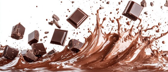Poster - Dark Chocolate Cubes Splashing into Melted Chocolate Creating a Dynamic and Delicious Scene Against White Backdrop